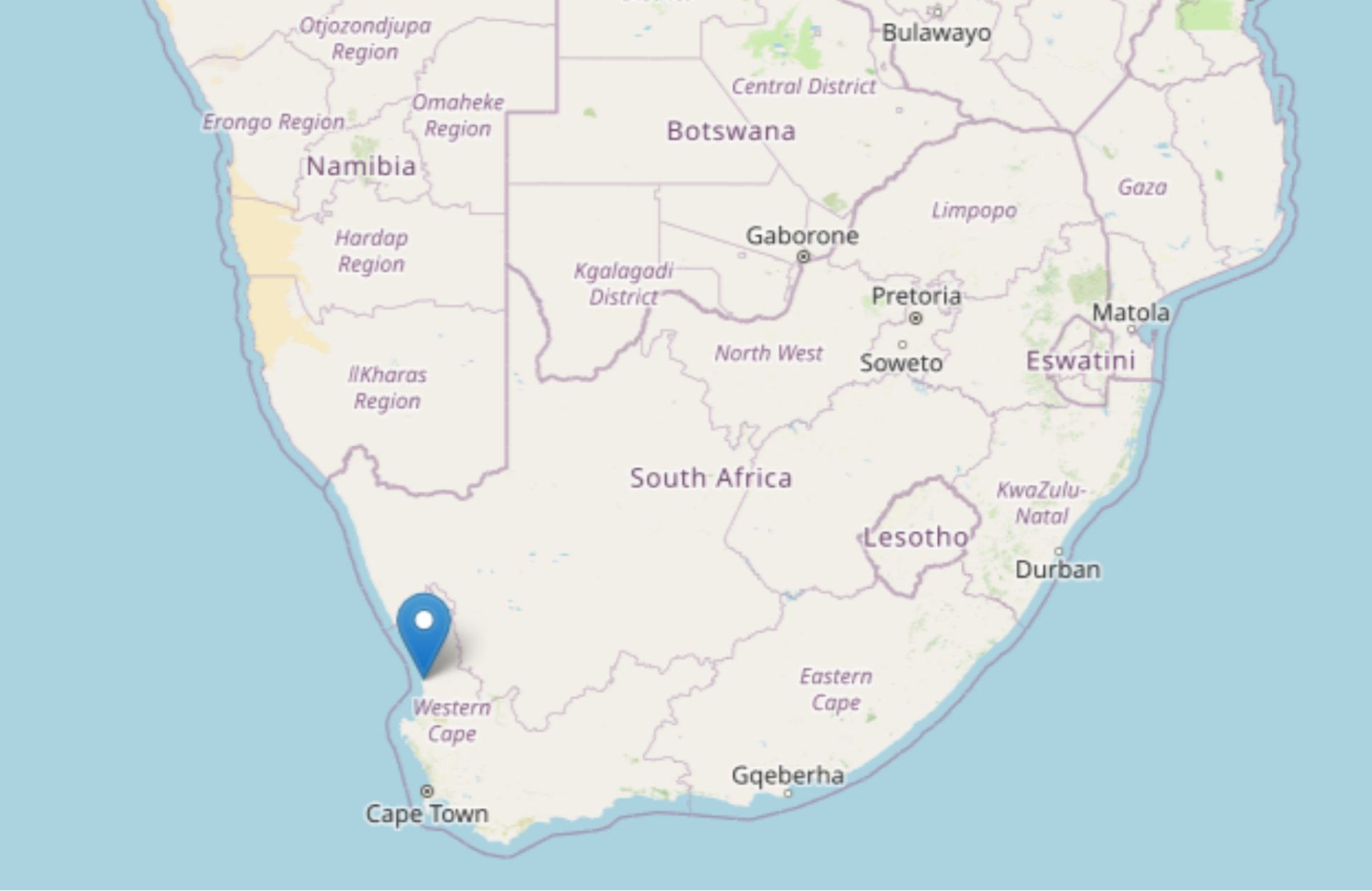 Map of southern Africa showing the latest survey location in the Western Cape